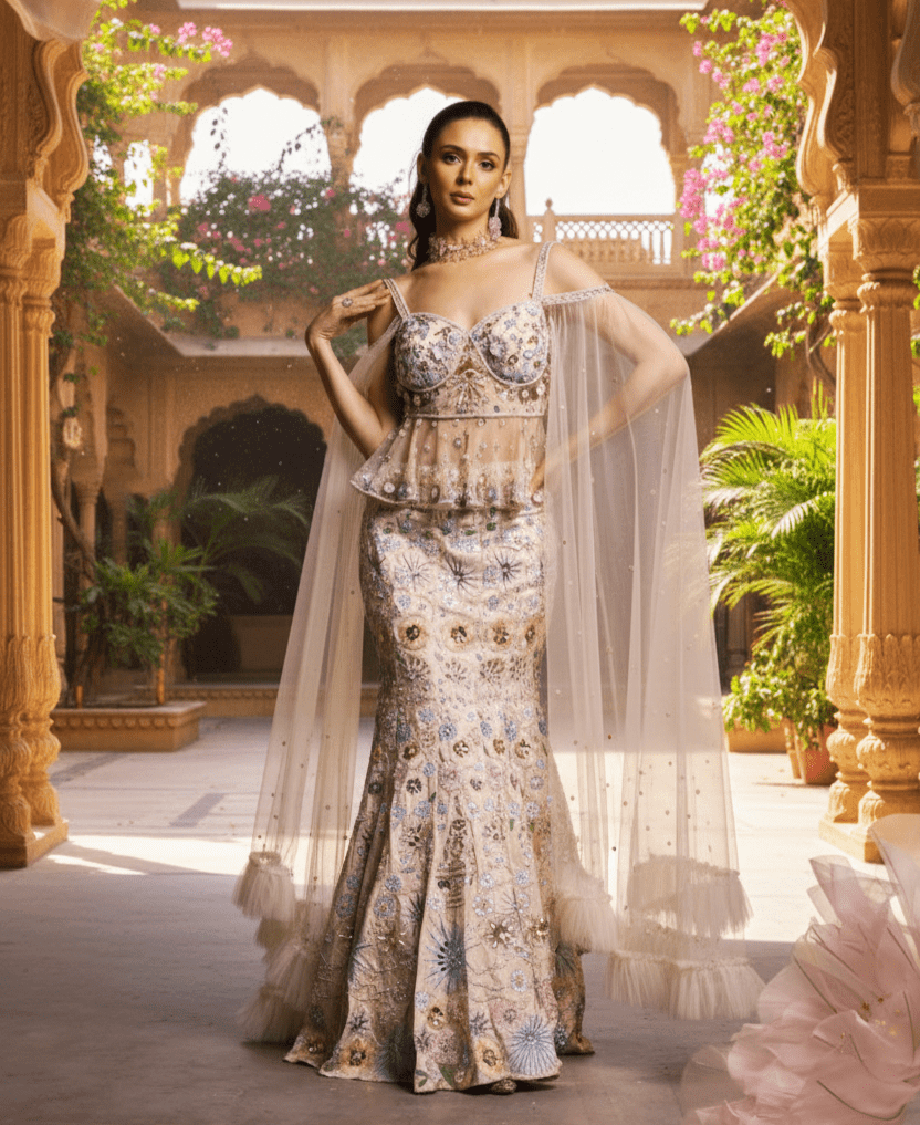 cream silk fish cut lehenga with embroidered