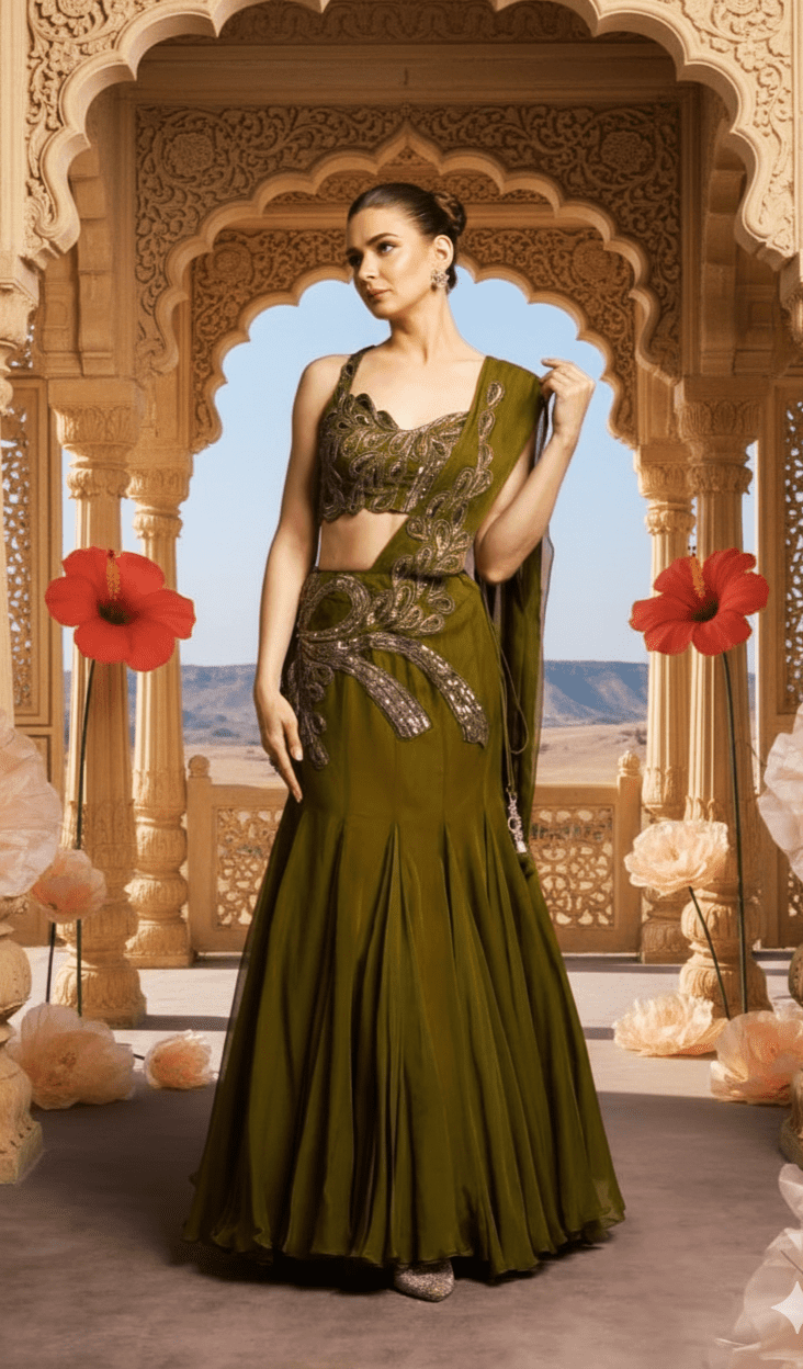 olive hand embroidered drape mermaid lehenga set