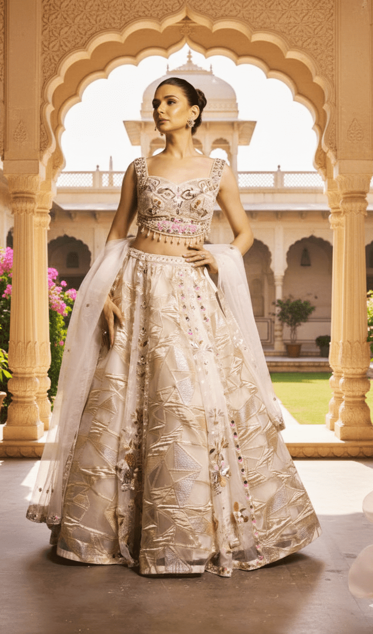 cream and gold reshon embroidered designer lehenga
