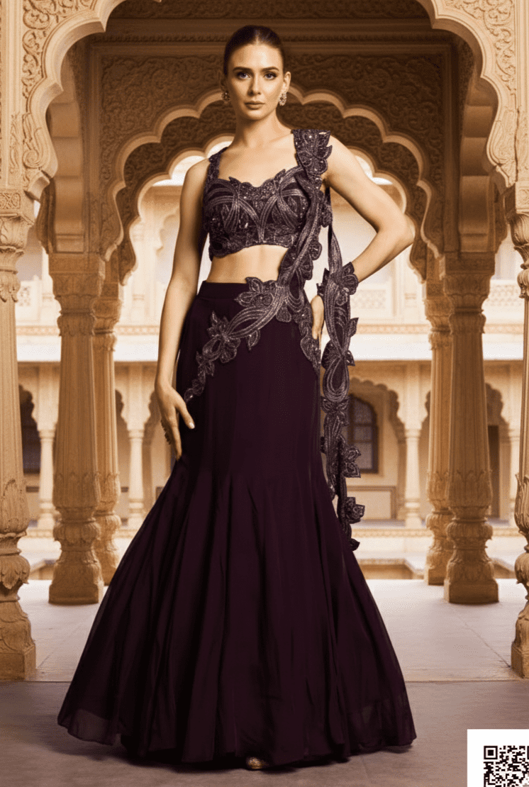 plum hand embellished ruffle blouse with flared lehenga