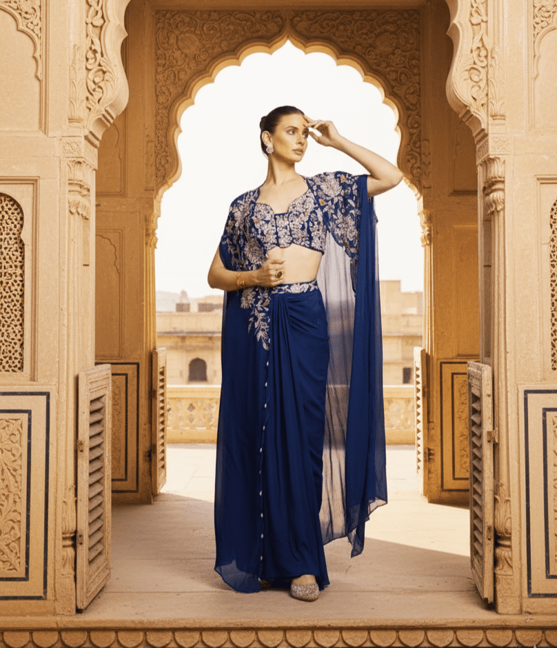 royal blue embroidered cape drape saree set