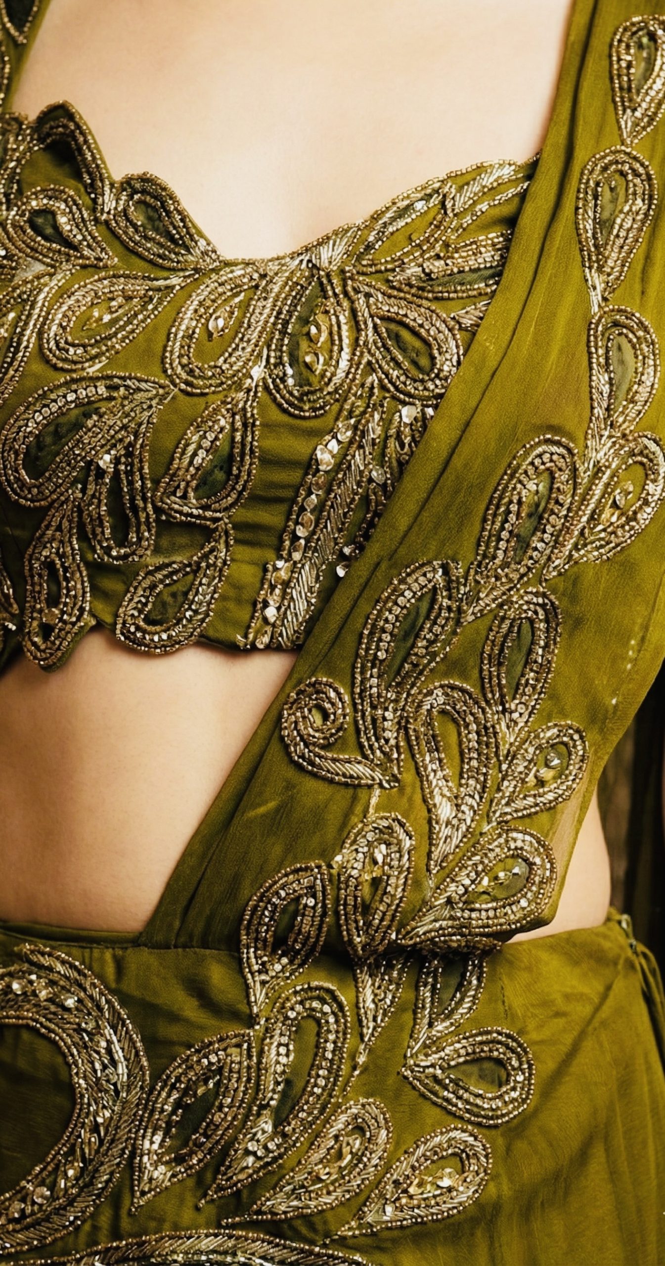 olive hand embroidered drape mermaid lehenga set