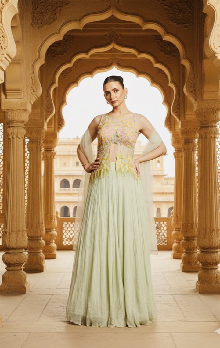 pastel sage embroidered keyhole anarkali gown