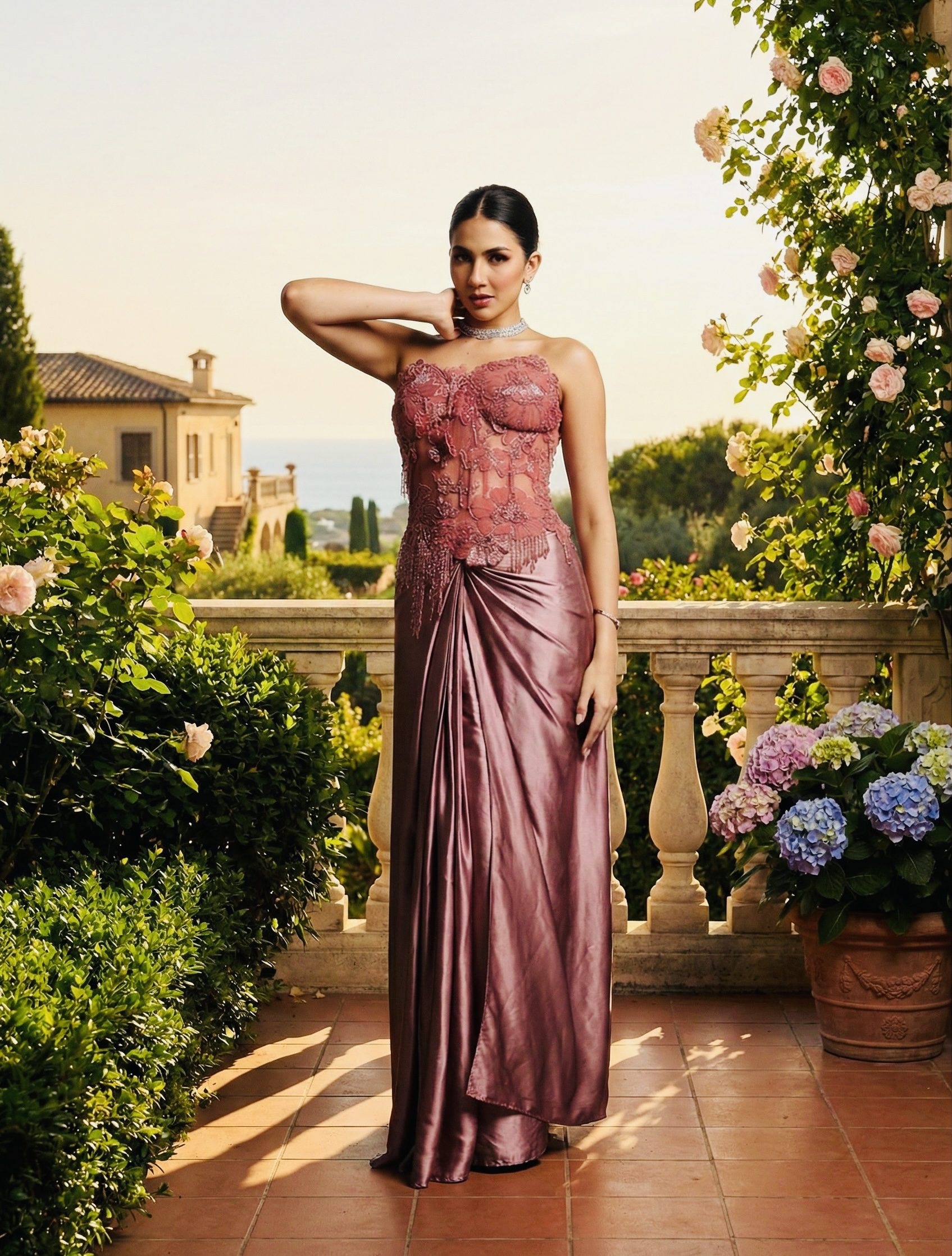 rosette embellished silk evening gown