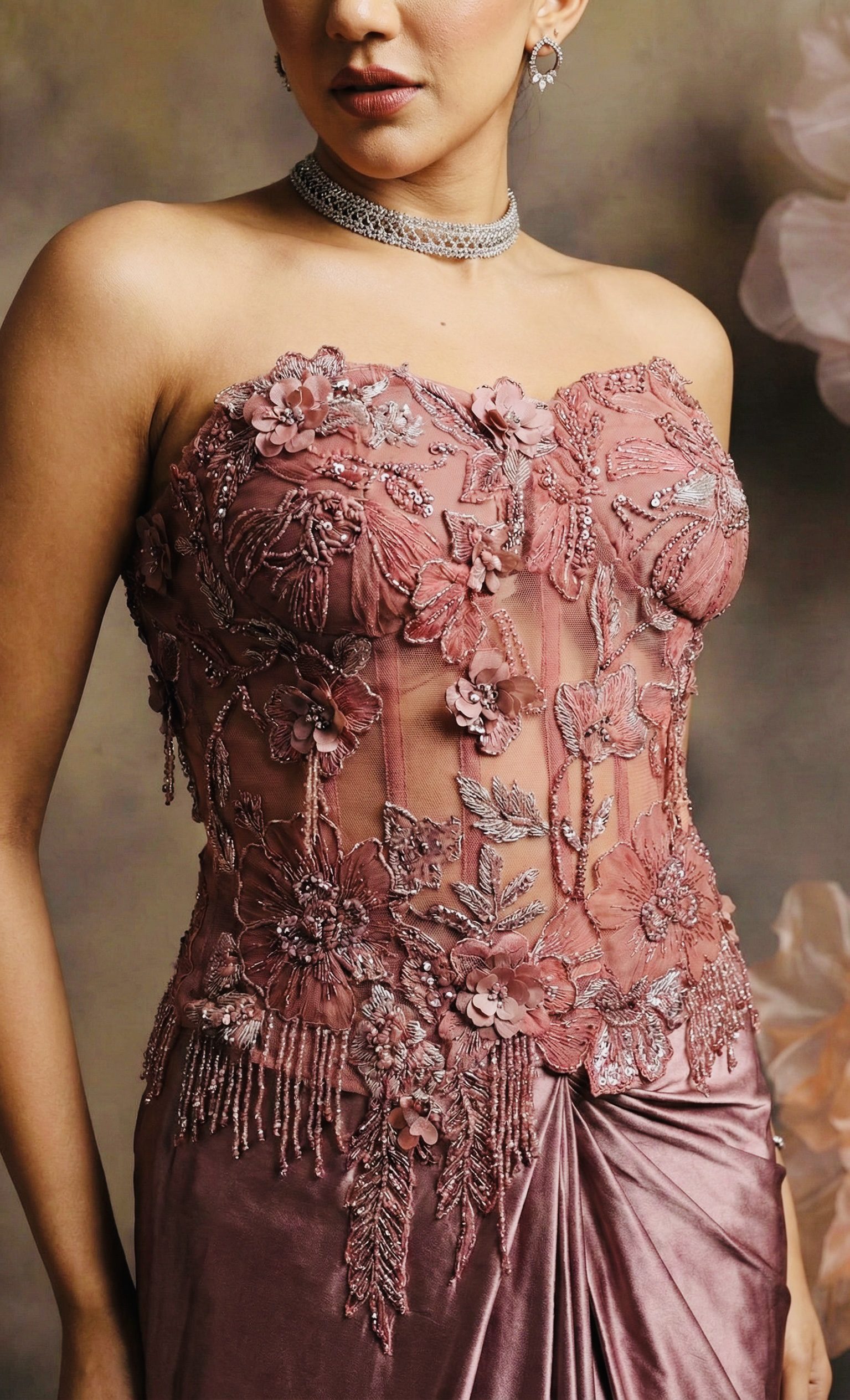 rosette embellished silk evening gown