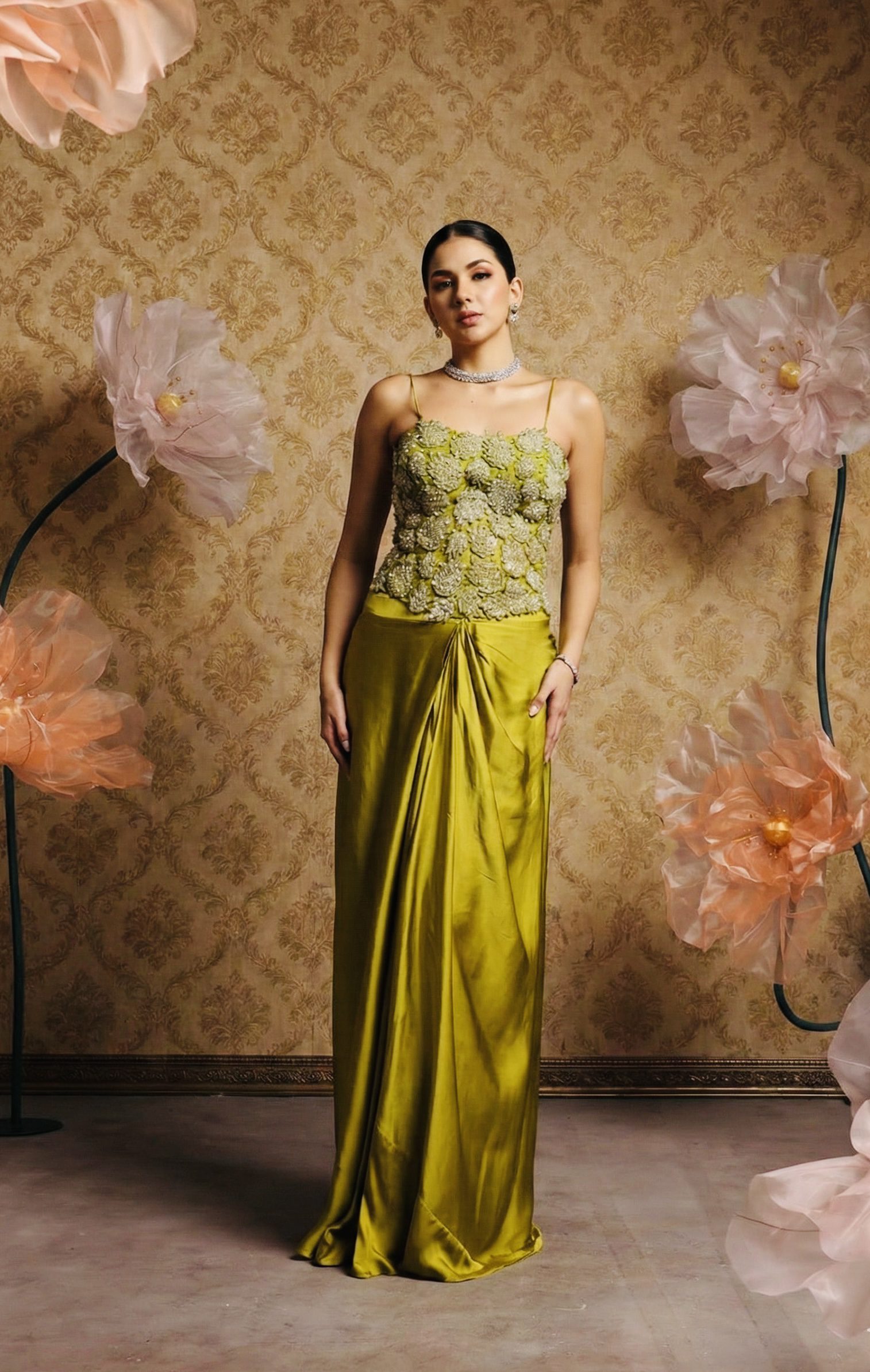 olive gold 3d floral embellished satin gown