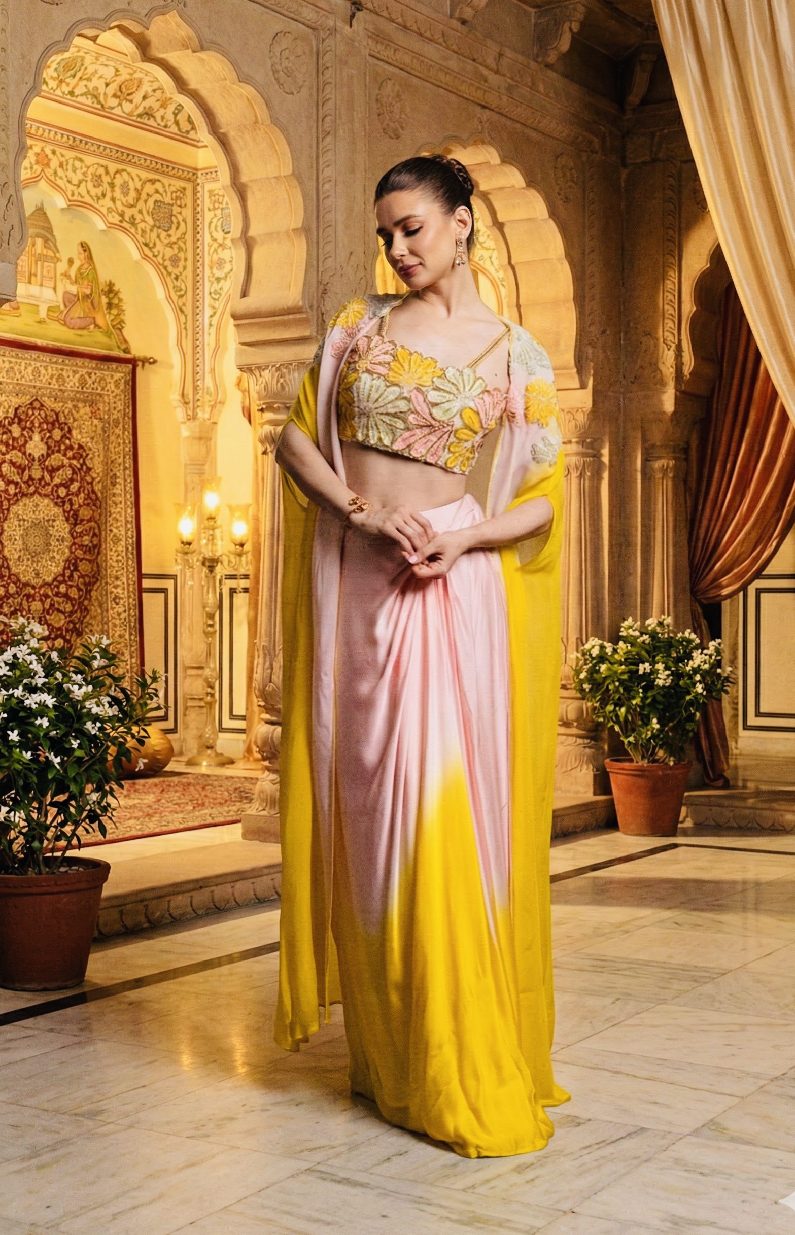 pastel pink & yellow ombré draped saree with hand embroidered floral blouse