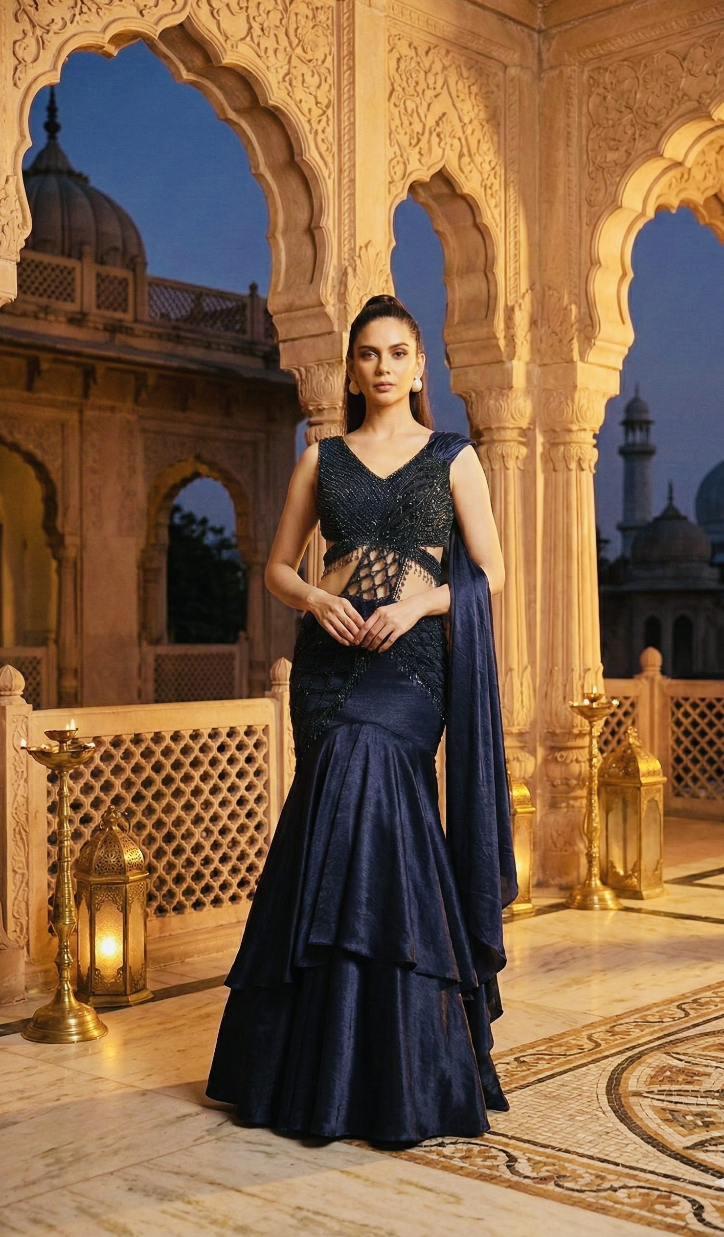 silver crystal embellished one shoulder sharara jumpsuit