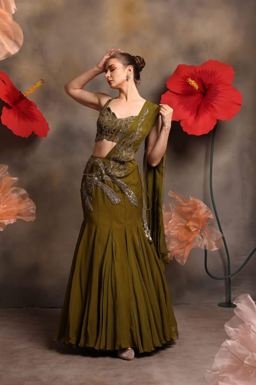 olive hand embroidered drape mermaid lehenga set