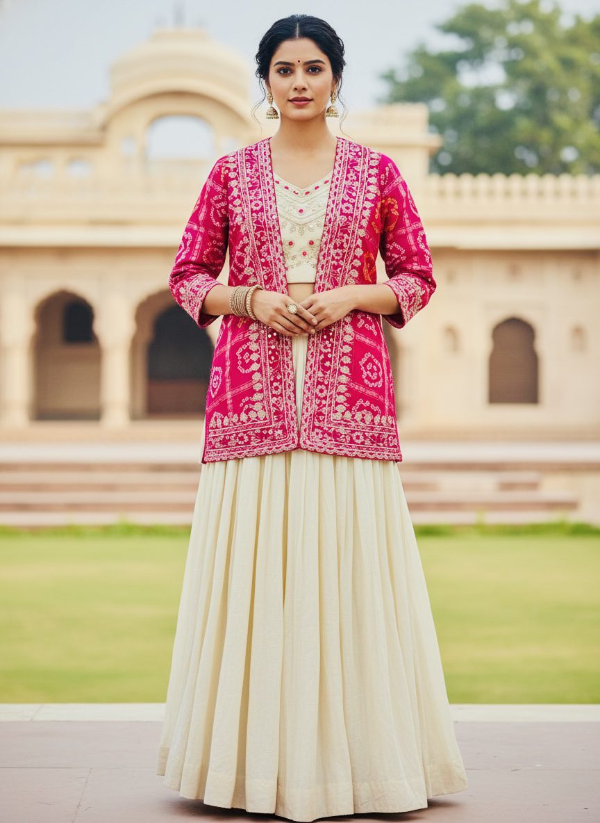 Rani Pink Bandhani Jacket Lehenga Set with Ivory Skirt