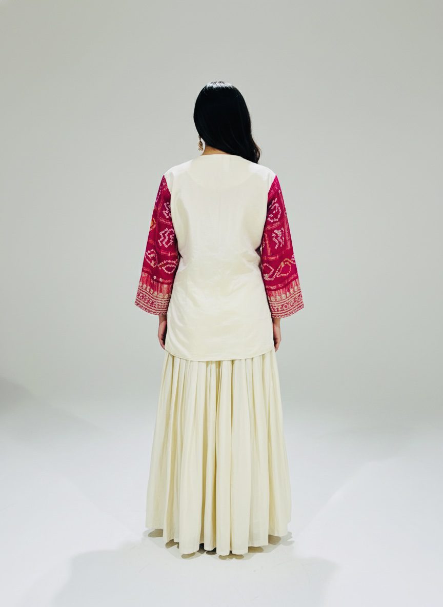 Rani Pink Bandhani Jacket Lehenga Set with Ivory Skirt - Image 3