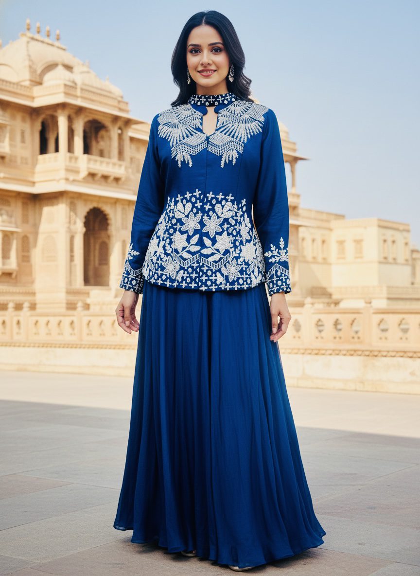 Royal Blue Hand-Embroidered Peplum Sharara Set