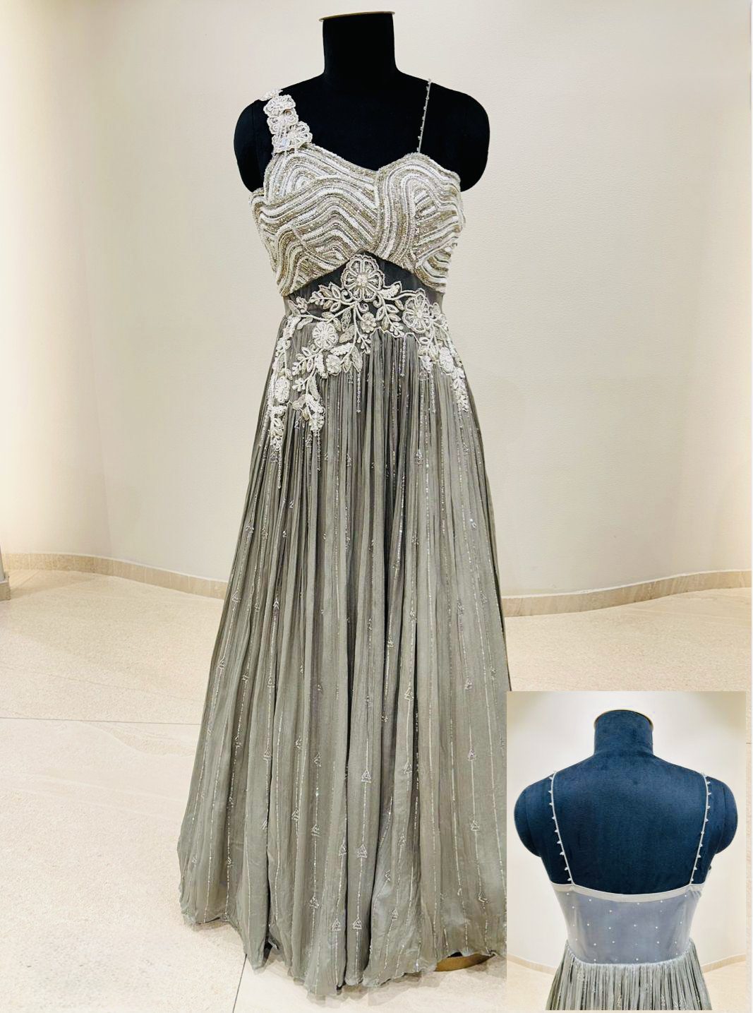Lavender Smoke One-Shoulder Embroidered Lehenga Gown - Image 2