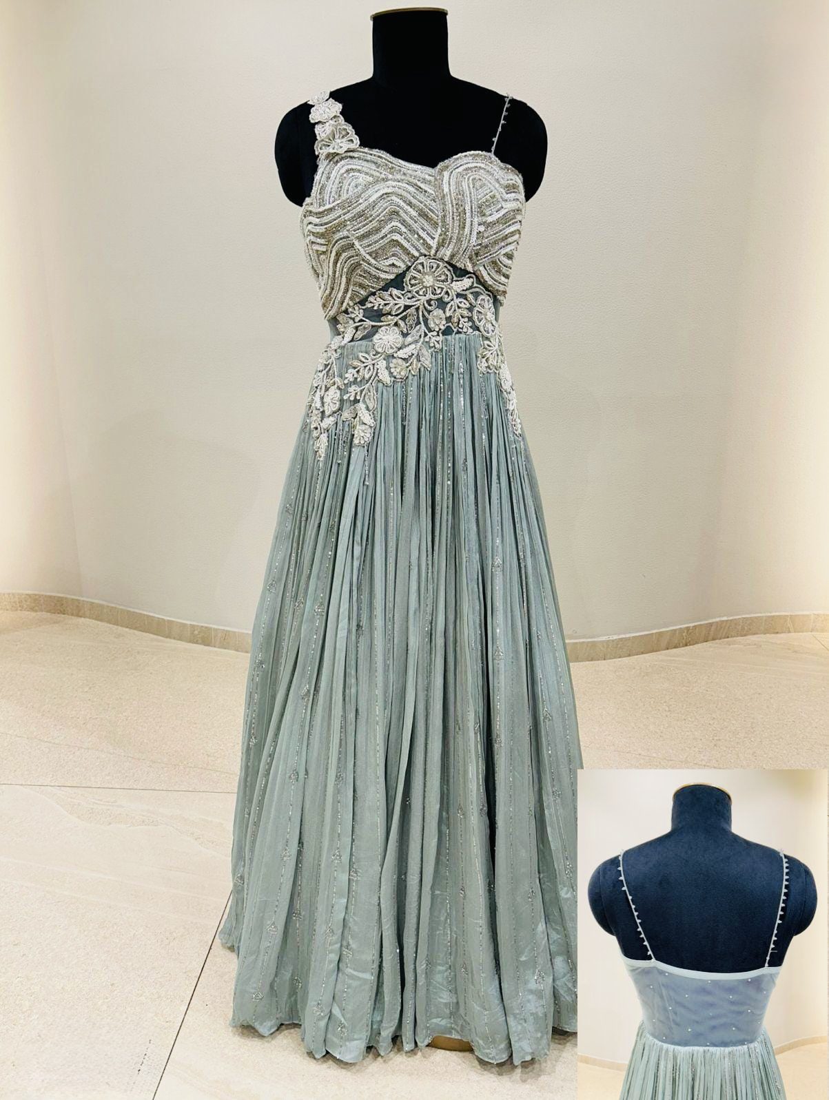 Lavender Smoke One-Shoulder Embroidered Lehenga Gown - Image 3