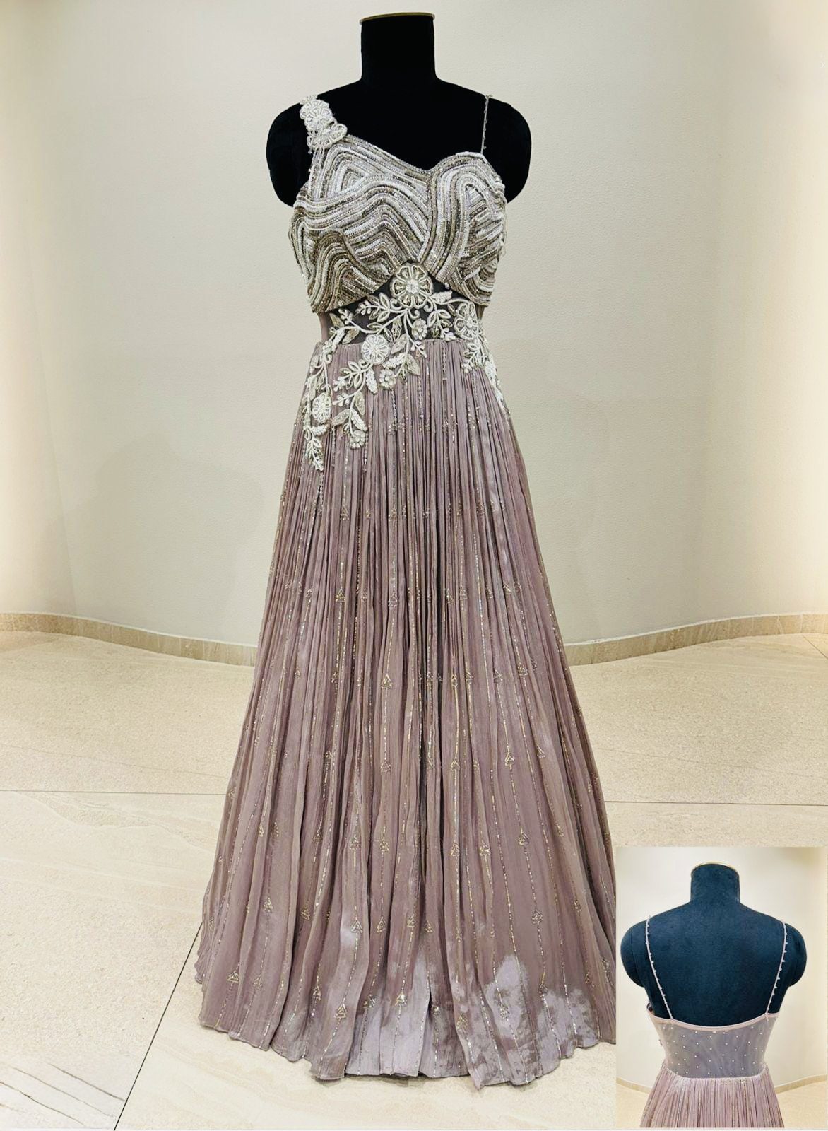 Lavender Smoke One-Shoulder Embroidered Lehenga Gown