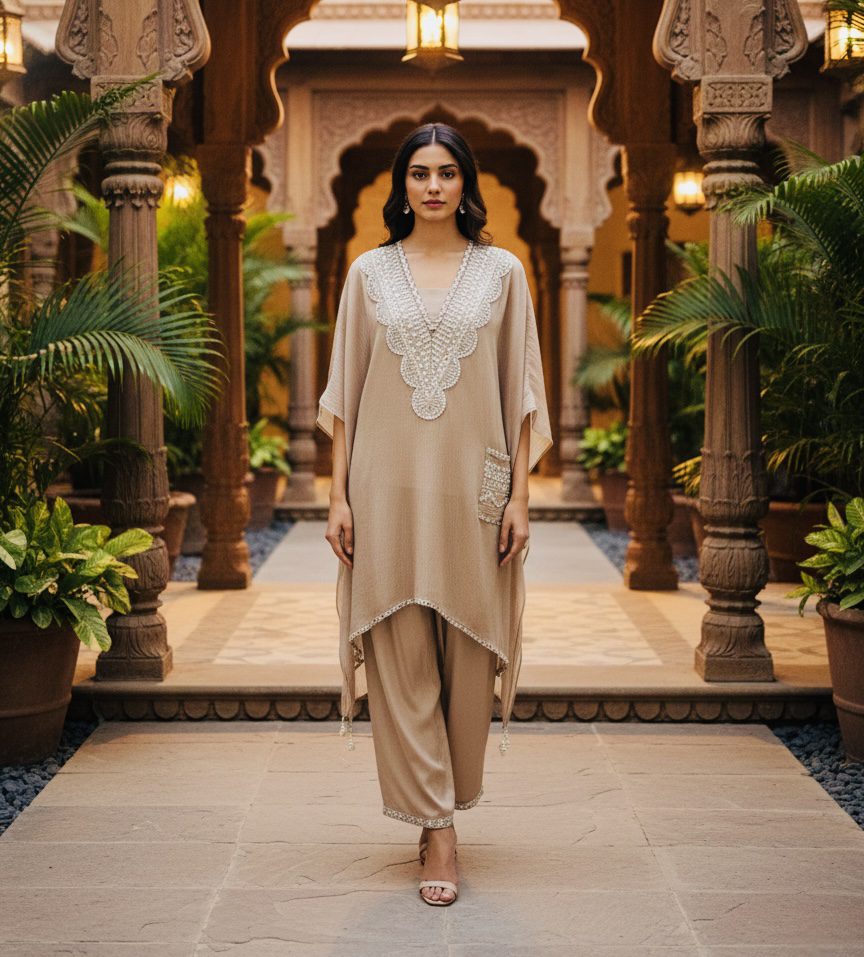 Sandstone Pearl-Embellished Kaftan Co-ord Set