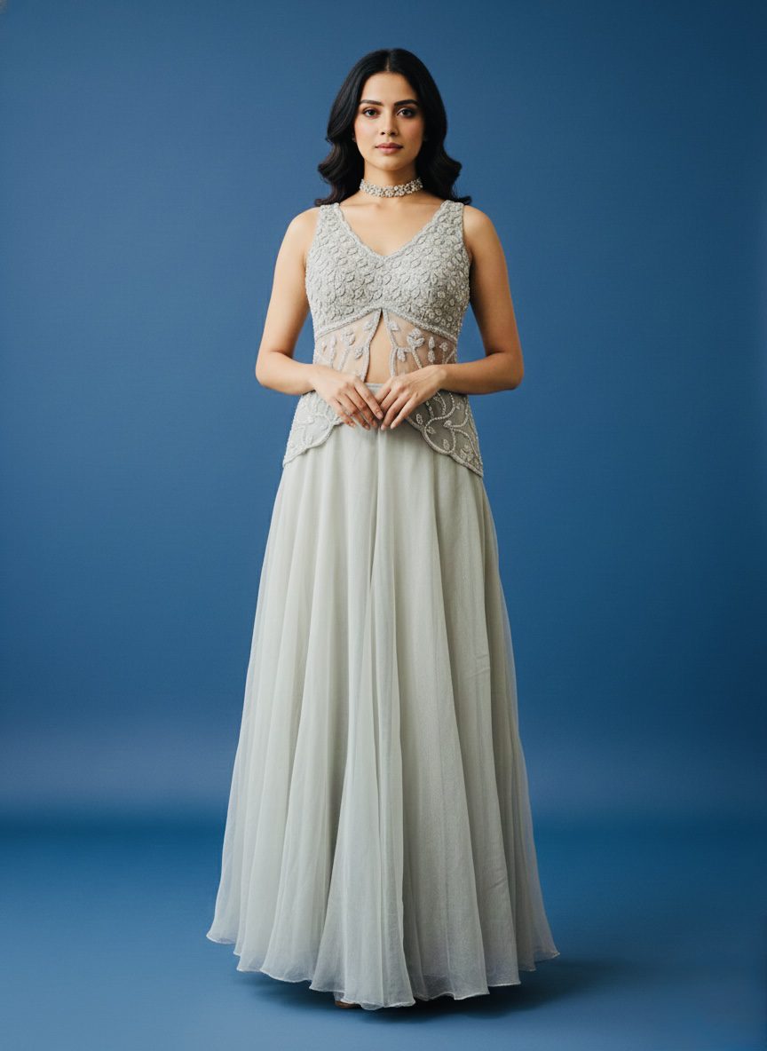 Silver Mist Hand-Embroidered Lehenga Set