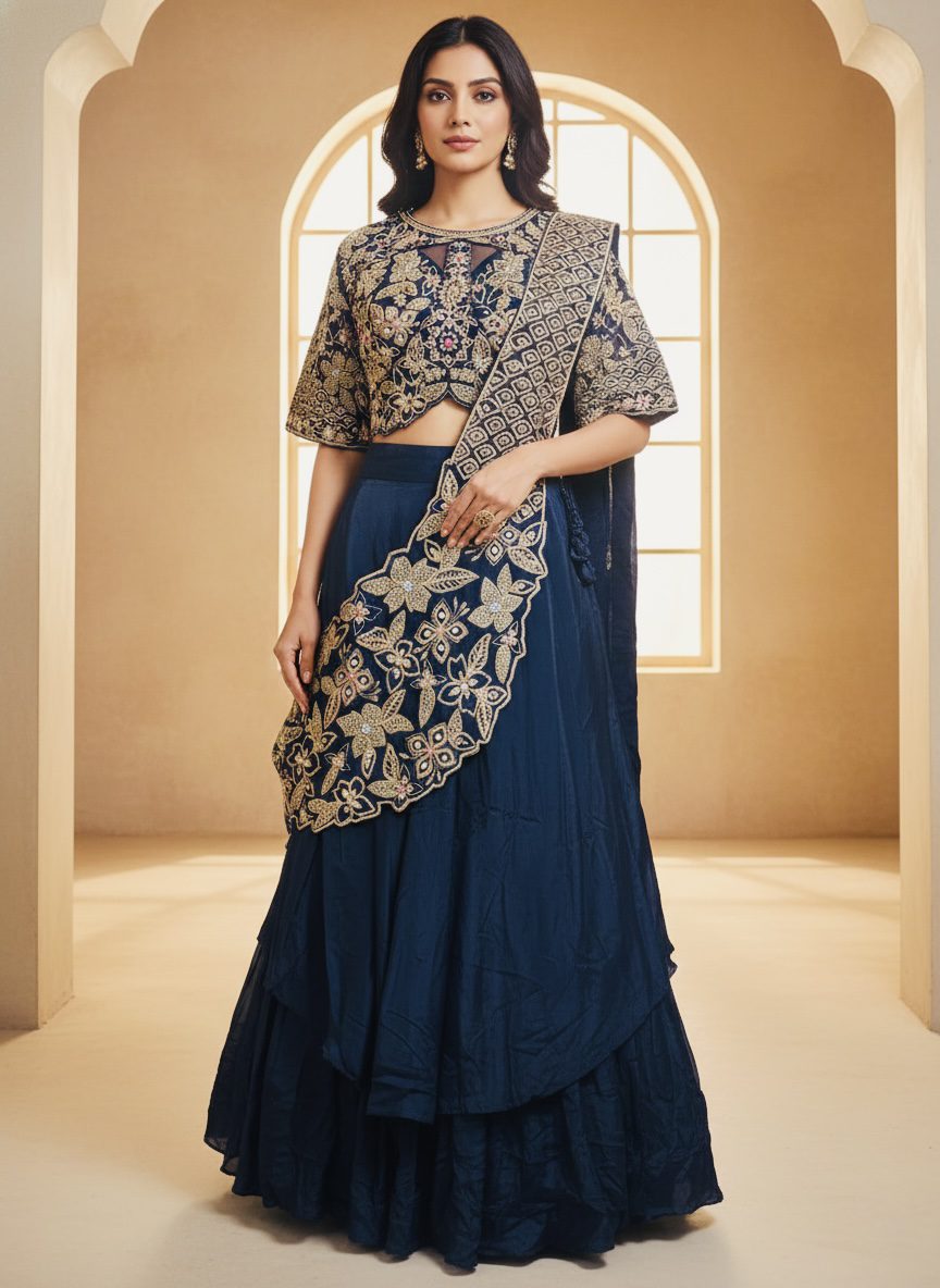Midnight Blue Heritage Hand-Embroidered Lehenga Set
