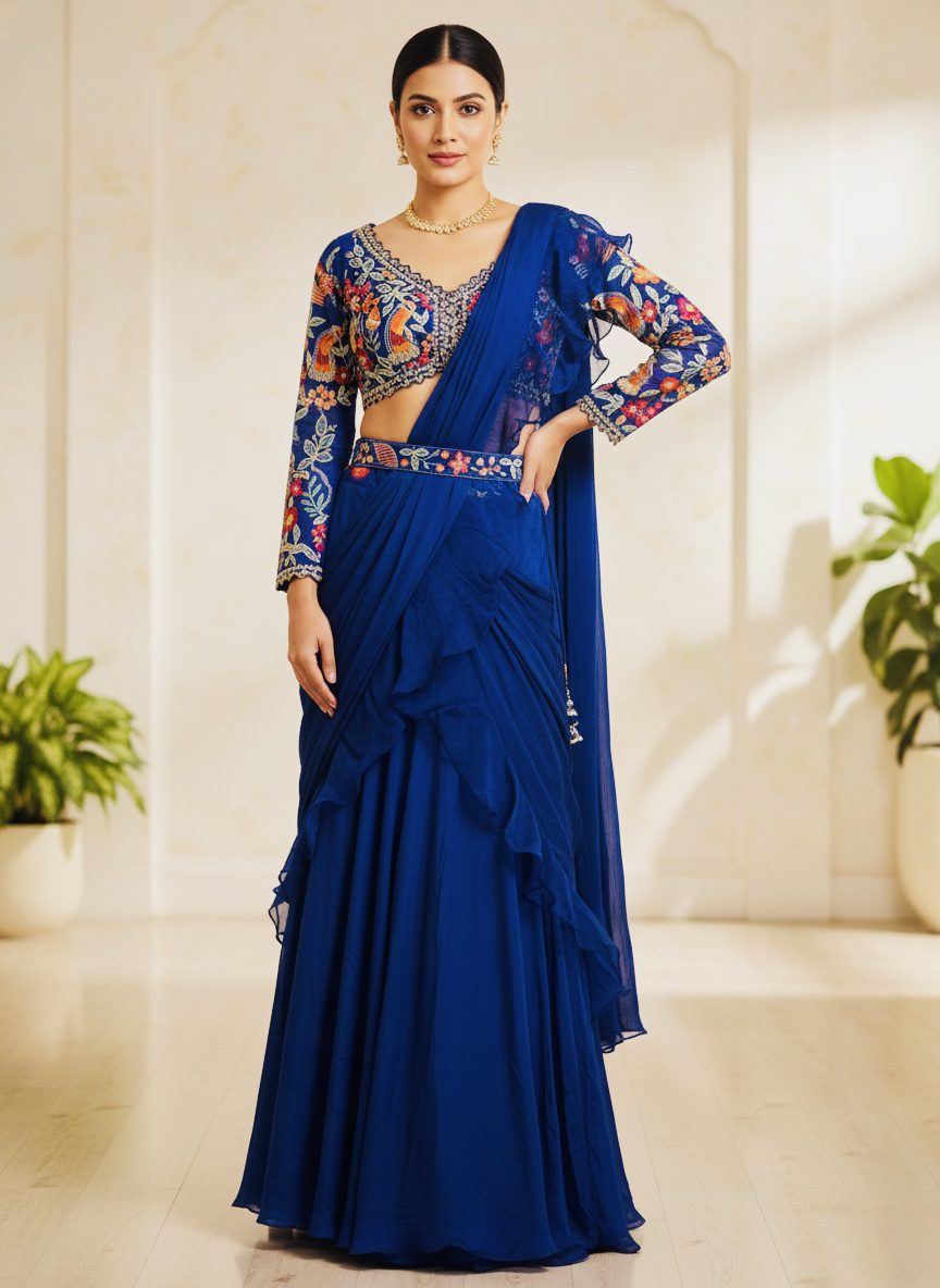Royal Sapphire Embroidered Saree Lehenga Set