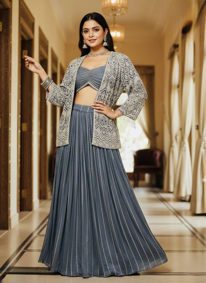Ivory Pearl Co-ord Lehenga Set with Jacket - Image 3