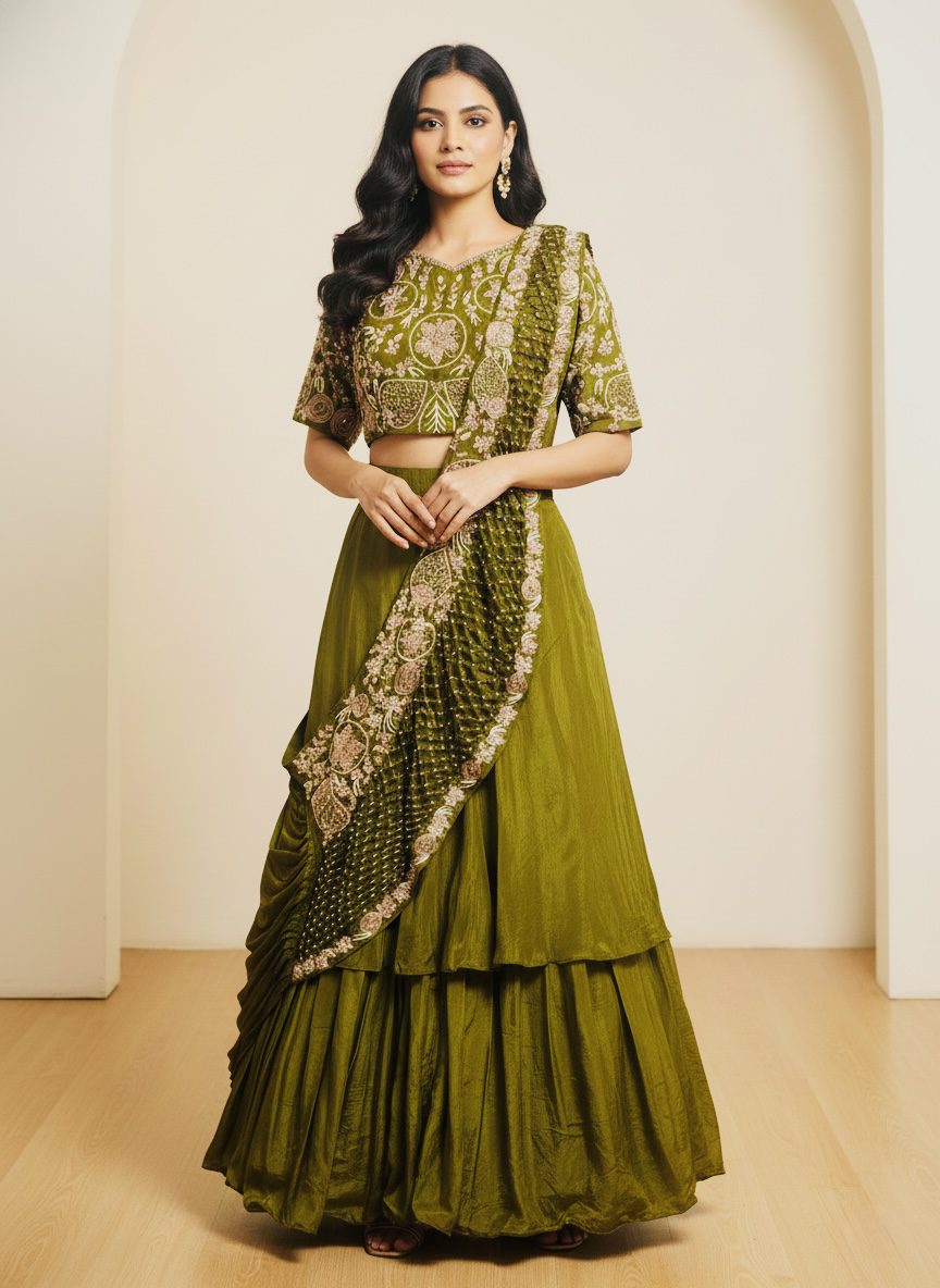 Hand Embroidered Olive Green Lehenga Set with Dupatta