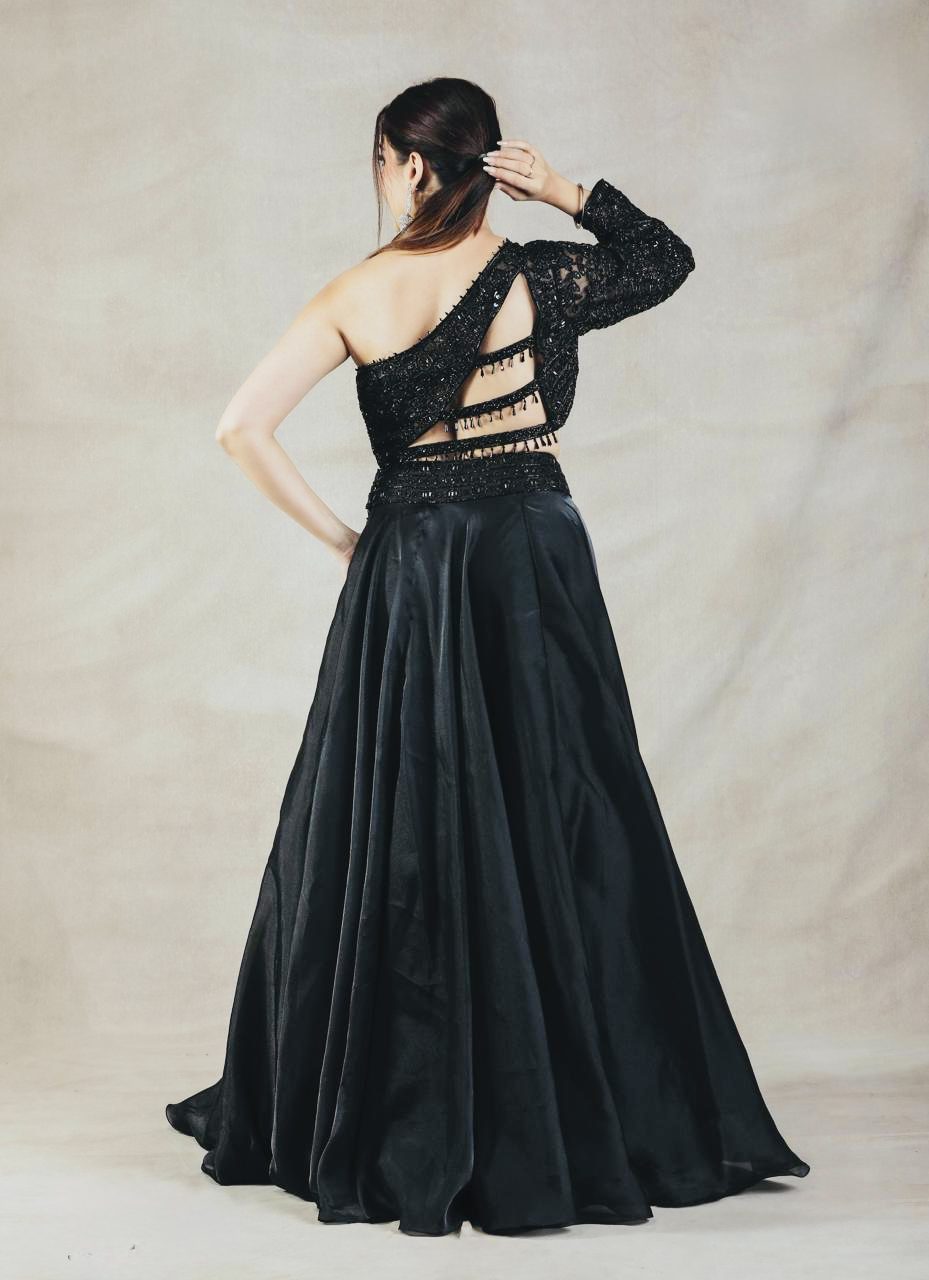 Midnight Noir One-Shoulder Lehenga Set - Image 2