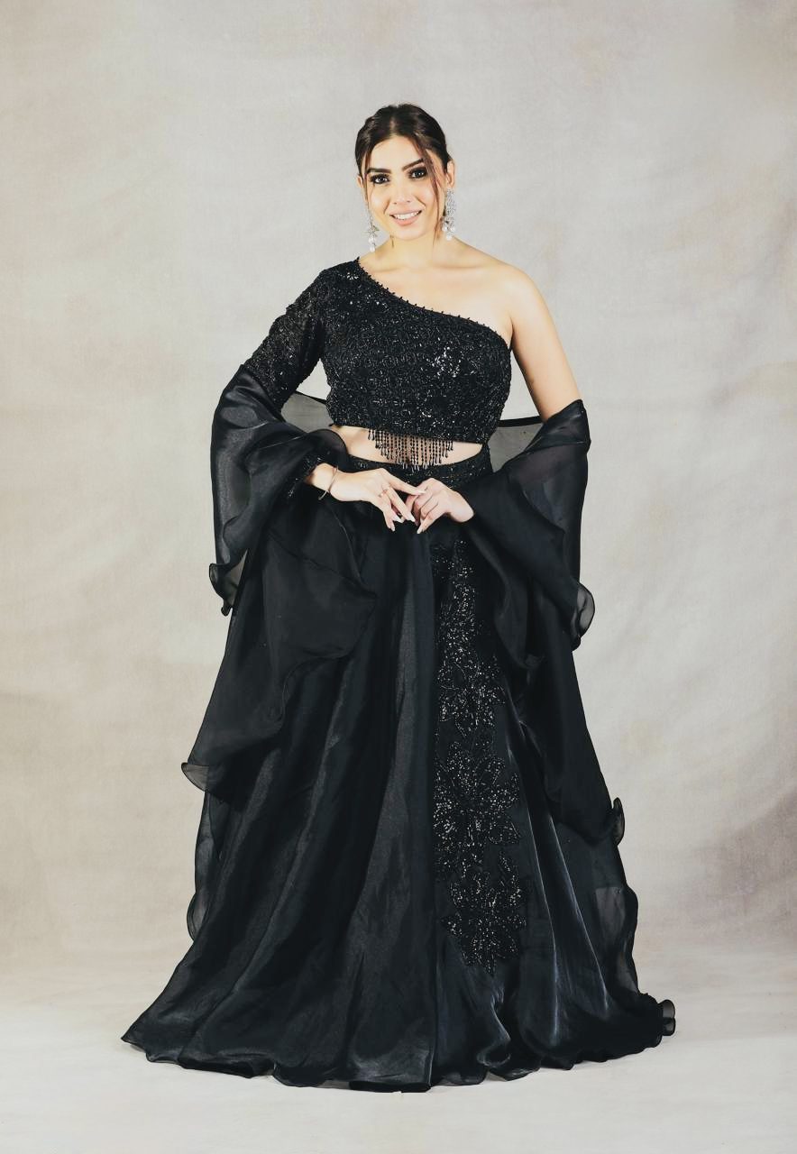 Midnight Noir One-Shoulder Lehenga Set