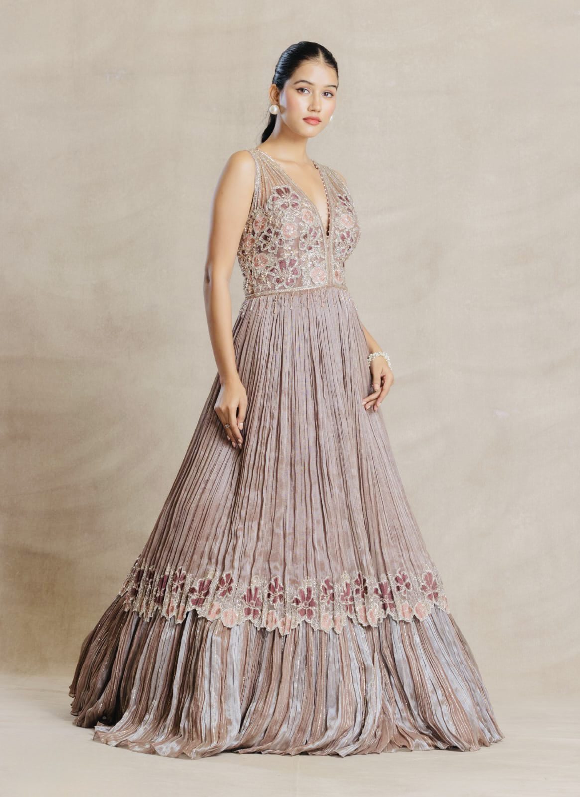 Rose Taupe Hand-Embroidered Pleated Gown