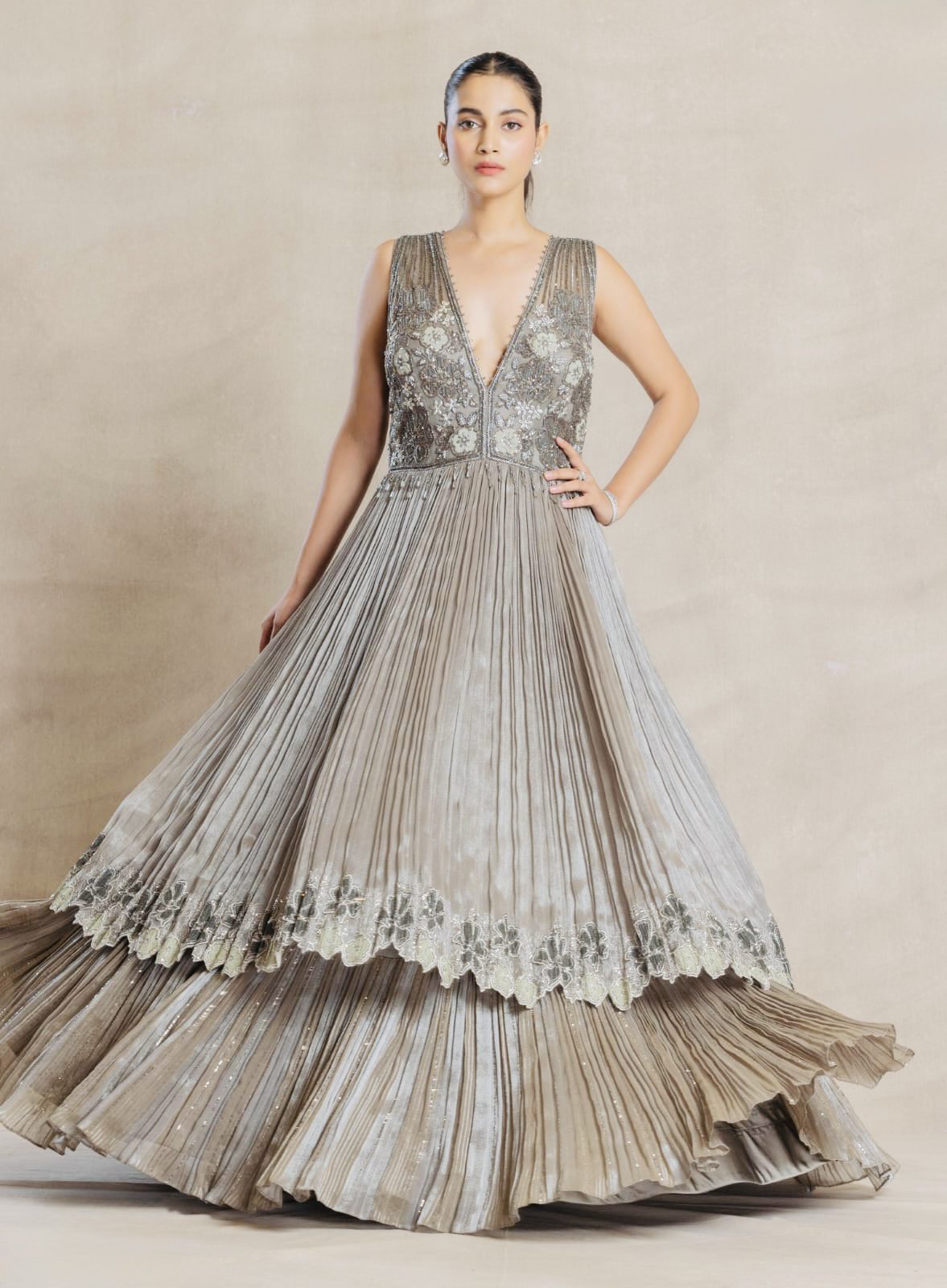 Rose Taupe Hand-Embroidered Pleated Gown - Image 2