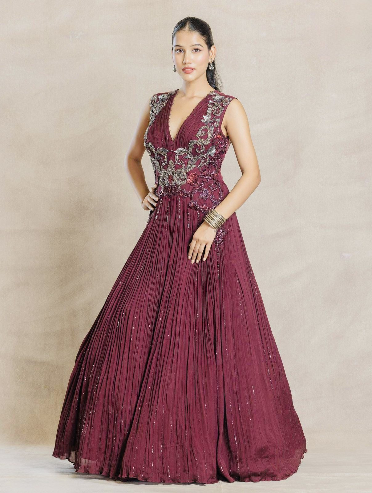 Midnight Noir Hand-Embroidered Pleated Gown - Image 2