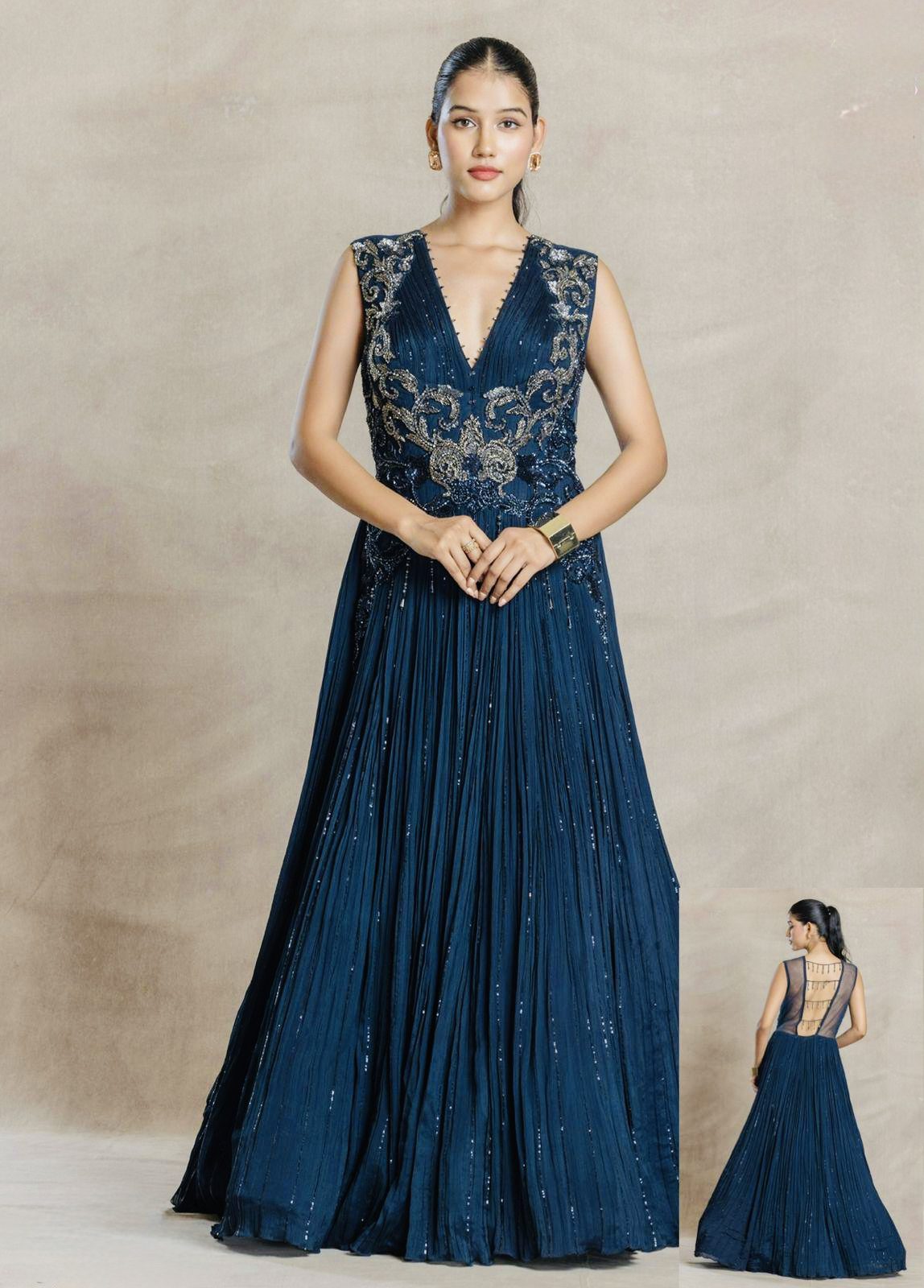 Midnight Noir Hand-Embroidered Pleated Gown - Image 3