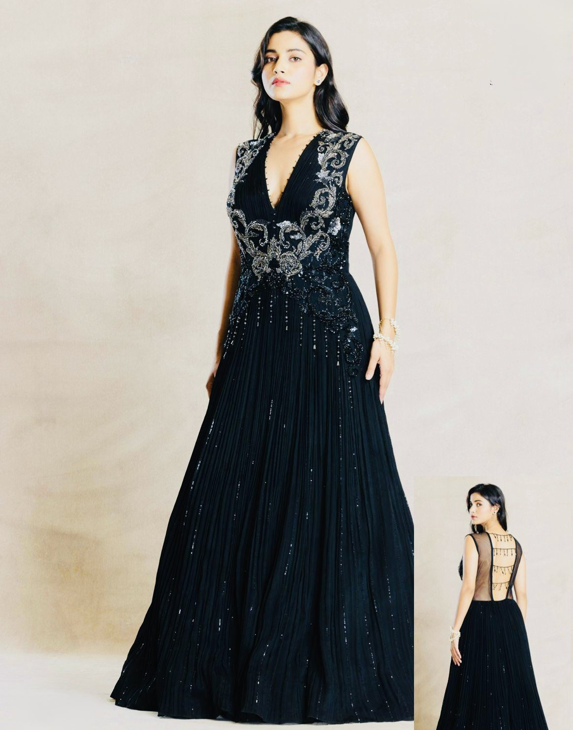 Midnight Noir Hand-Embroidered Pleated Gown