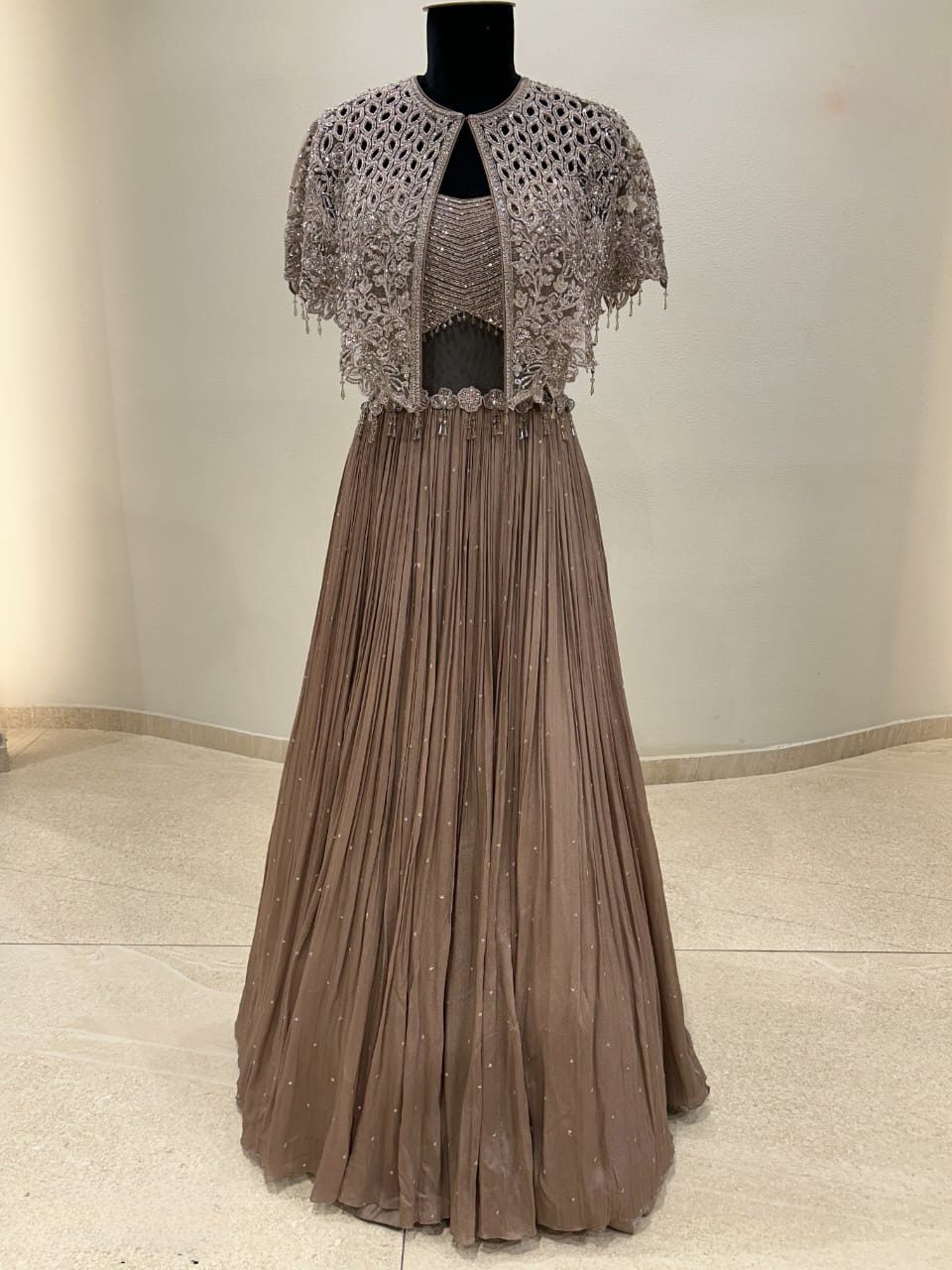 Antique Gold Hand-Embroidered Lehenga Set with Cape Jacket - Image 4