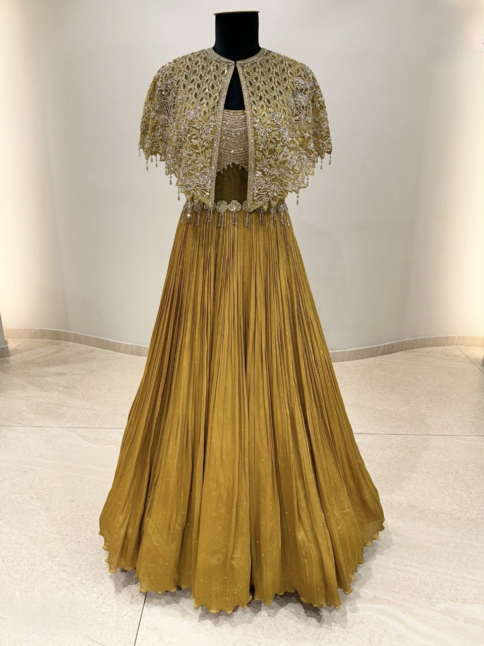 Antique Gold Hand-Embroidered Lehenga Set with Cape Jacket