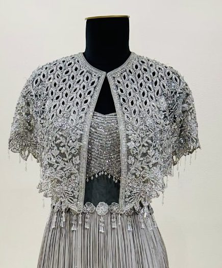 Antique Gold Hand-Embroidered Lehenga Set with Cape Jacket - Image 2