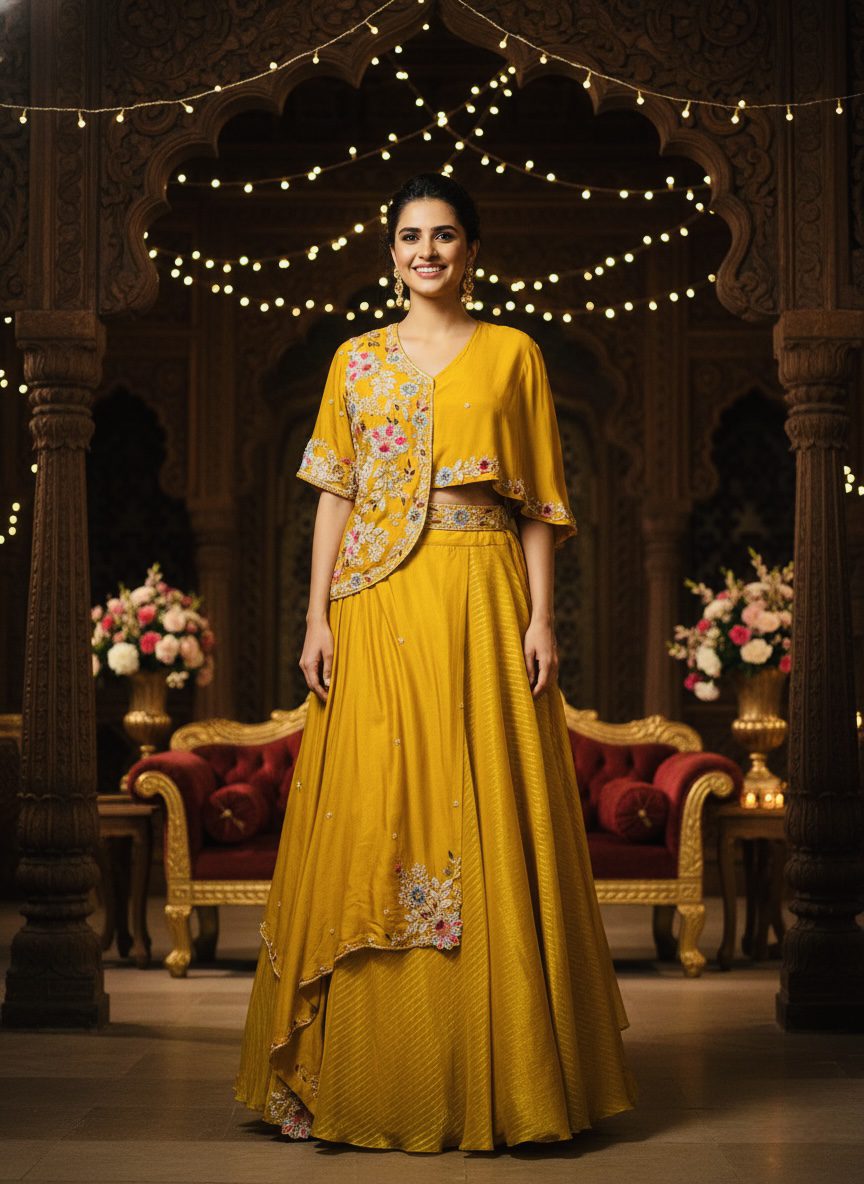 Mustard Yellow Embroidered Jacket Lehenga Set