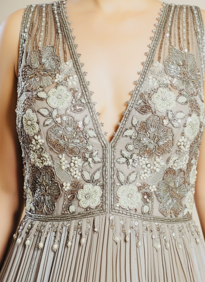 Rose Taupe Hand-Embroidered Pleated Gown - Image 3