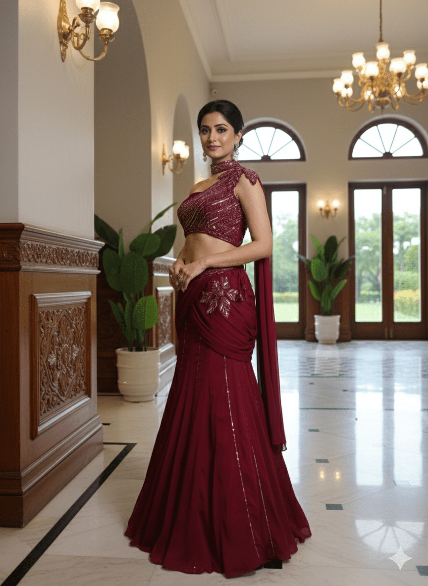 Wine Rouge One-Shoulder Saree Gown