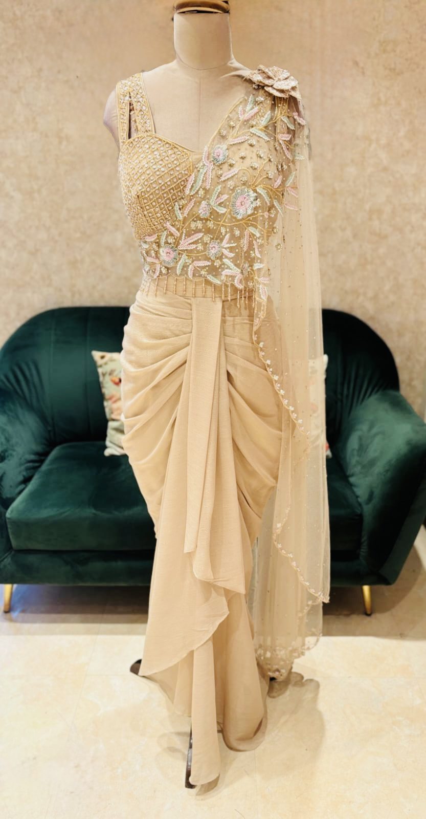 Blush Petal Embellished Pre-Draped Saree - Image 4