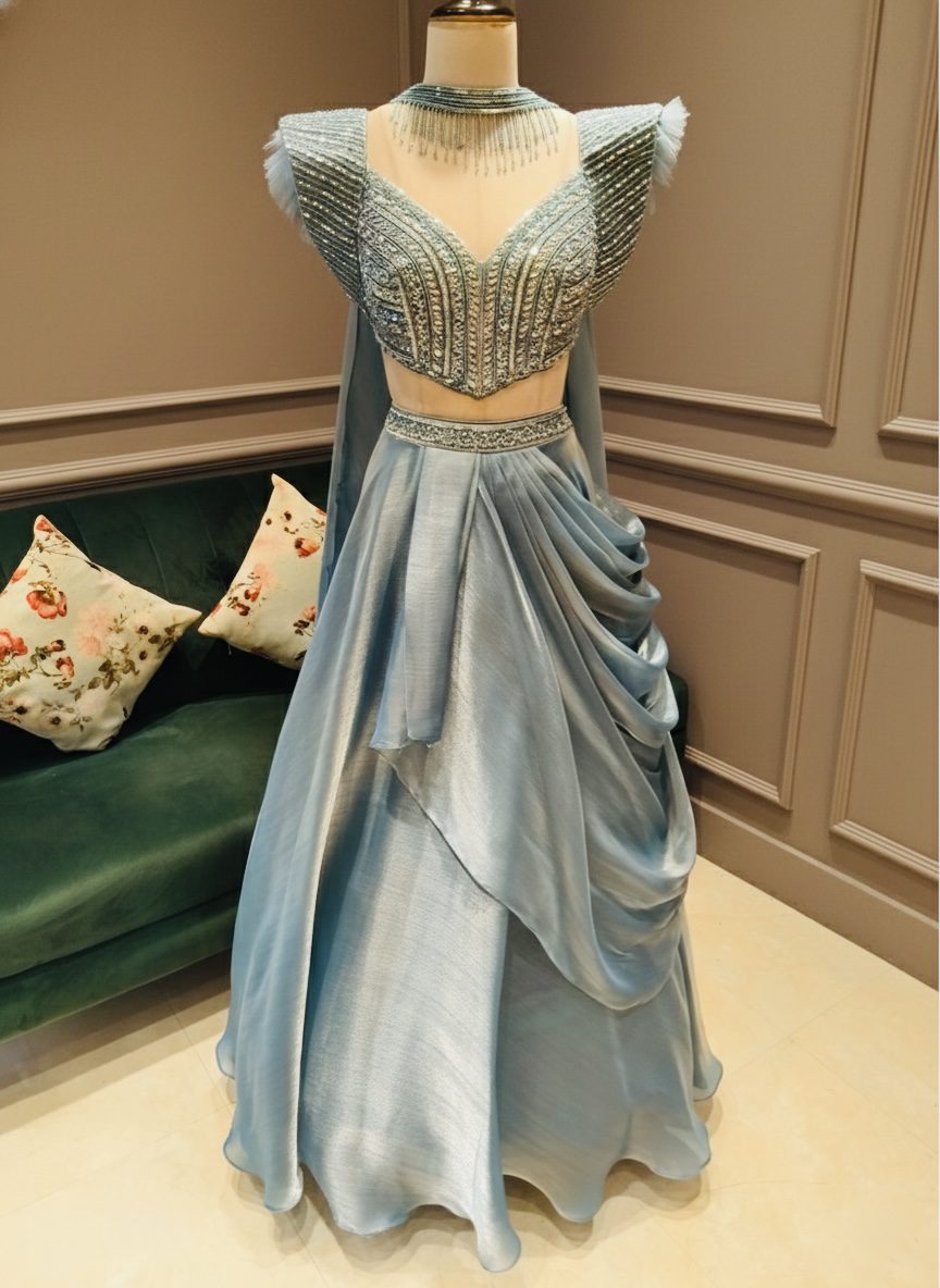 Ice Blue Crystal Corset Lehenga Set