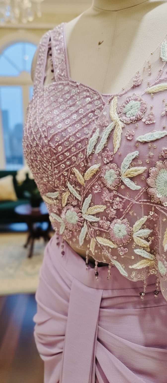 Blush Petal Embellished Pre-Draped Saree - Image 2