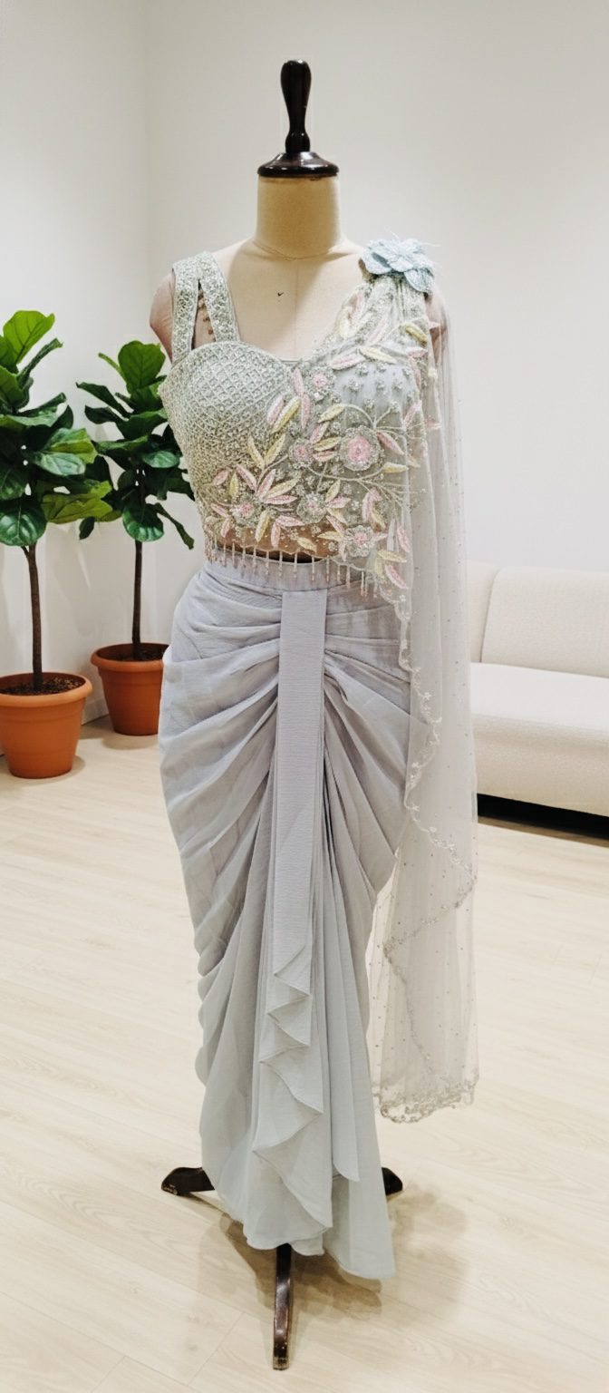 Blush Petal Embellished Pre-Draped Saree - Image 3