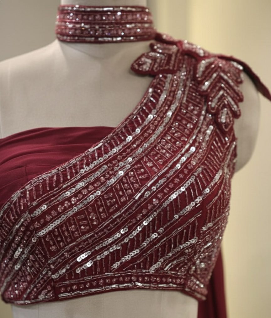 Wine One-Shoulder Saree Gown - Image 2
