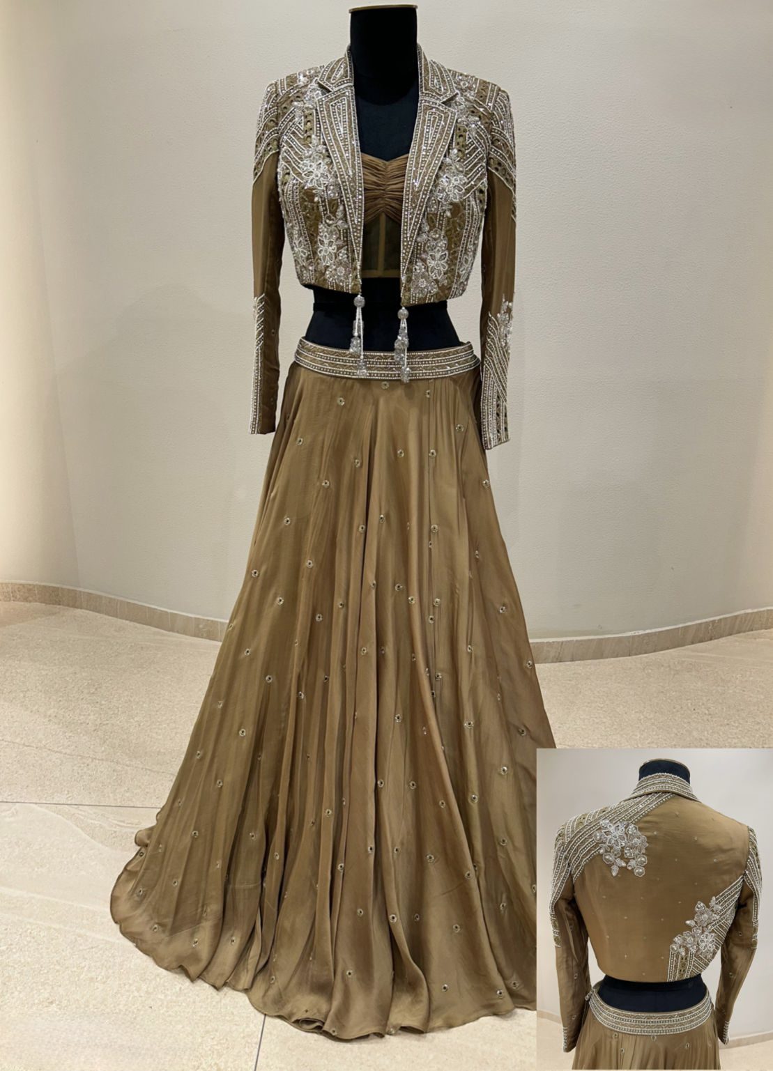 Olive Gold Embellished Lehenga Set with Statement Jacket