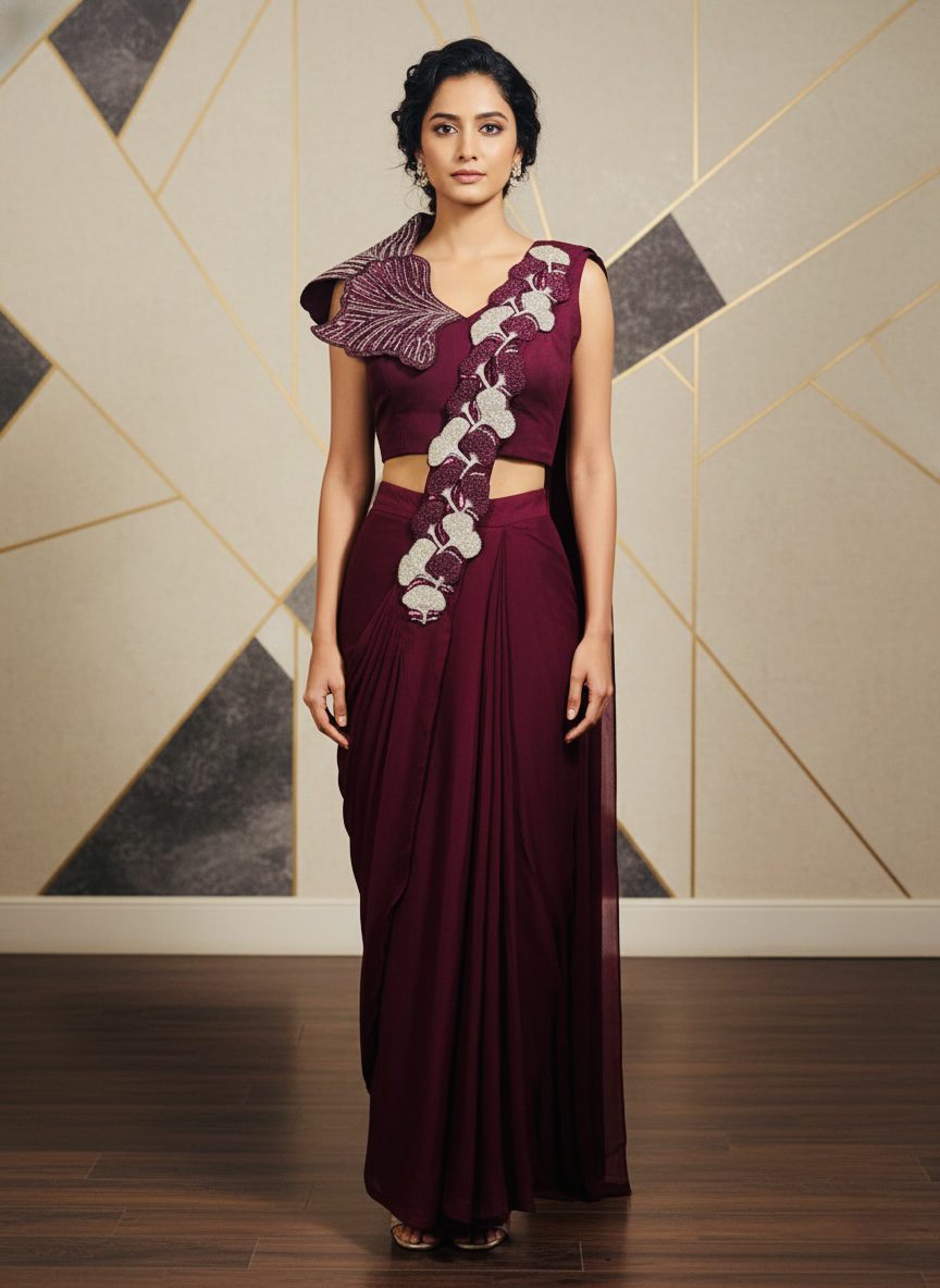 Wine Plum Sculpted Drape Saree