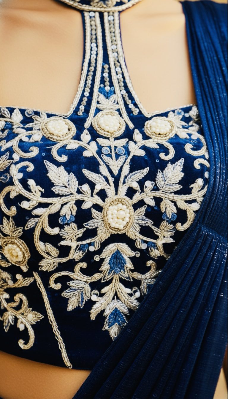 Royal Navy Embroidered Choker Saree - Image 2
