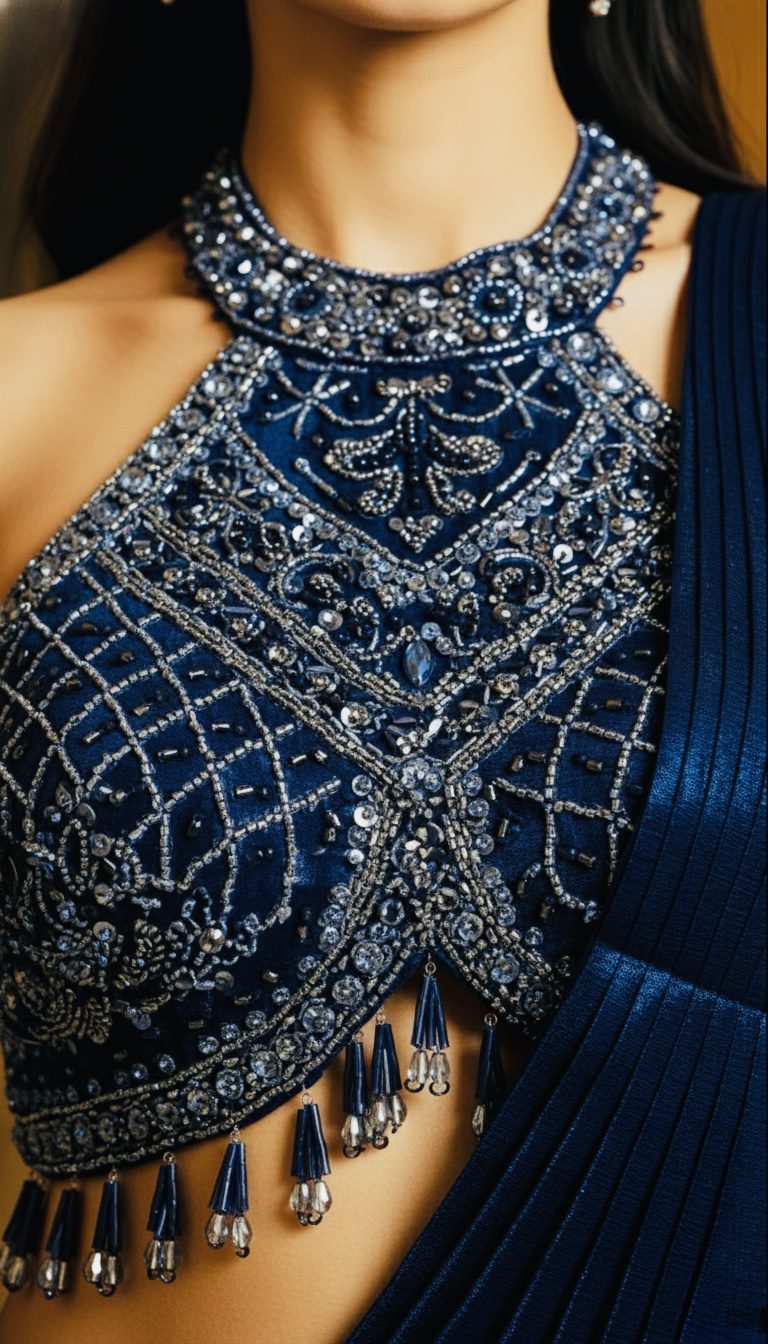 Midnight Blue Beaded Halter Saree - Image 2