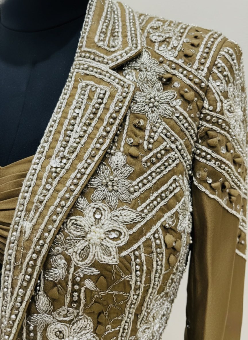 Olive Gold Embellished Lehenga Set with Statement Jacket - Image 2