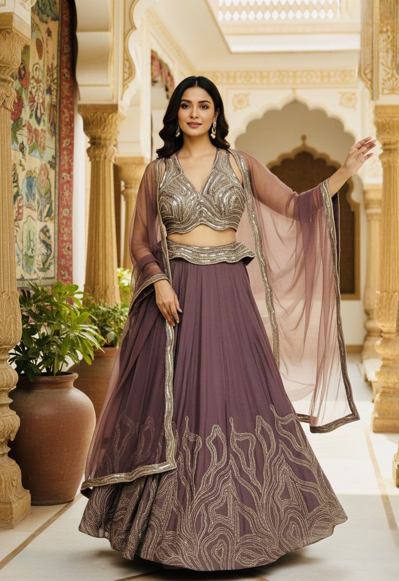Mauve Antique Gold Embroidered Lehenga Set