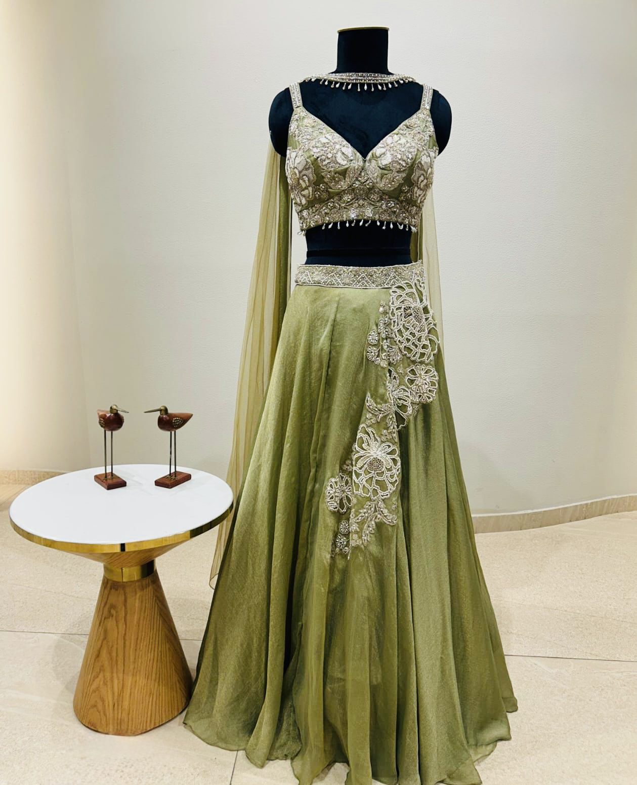 Pista Green Floral Embroidered Lehenga Set
